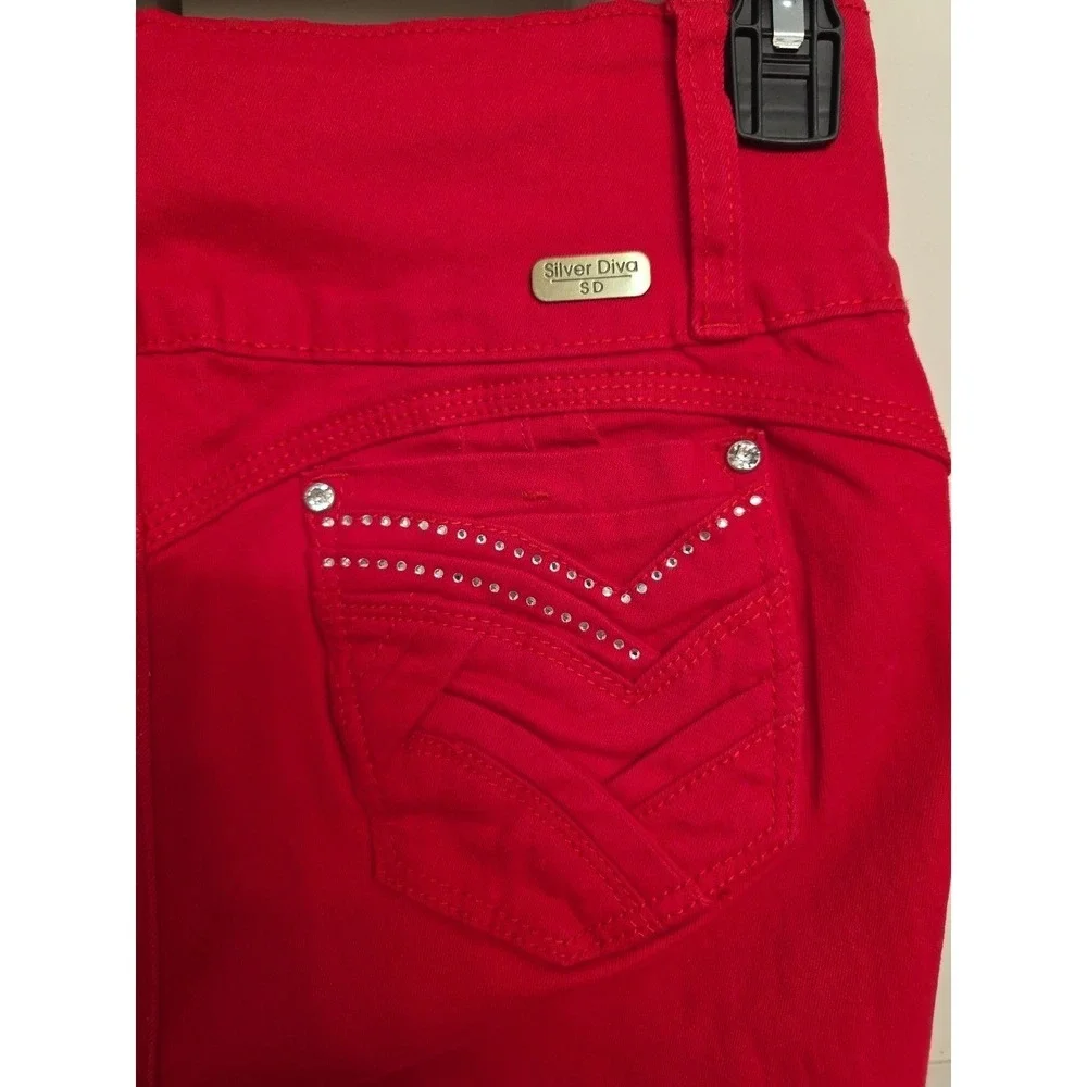 Silver Diva‎ Red Distressed Skinny Jeans High Rise Rhinestone Pocket Size 9